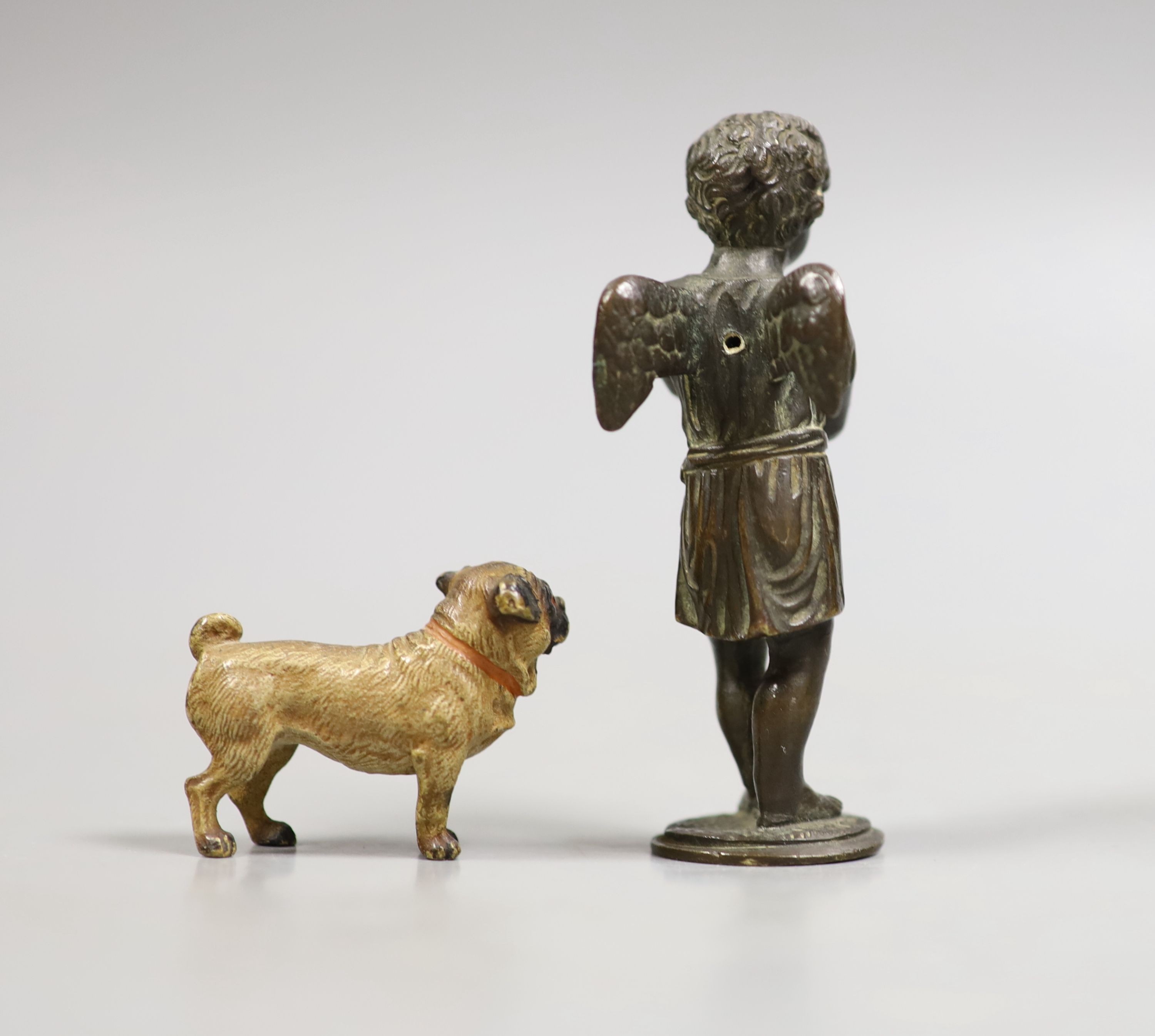 An Austrian cold-painted bronze of a pug dog, 4.2cm and a bronze of an angelic figure, 8.5cm